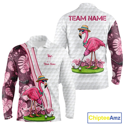Funny Flamingo Mens Golf Polo Shirt Custom Pink And Purple Monstera Pattern White Golf Shirts NYN2841