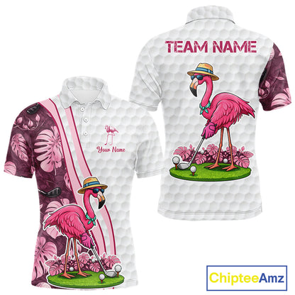 Funny Flamingo Mens Golf Polo Shirt Custom Pink And Purple Monstera Pattern White Golf Shirts NYN2841