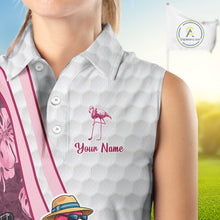 Load image into Gallery viewer, Funny Flamingo Womens Golf Sleeveless Polo Shirt Custom Pink And Purple Monstera Pattern White Golf Shirts NYN2841