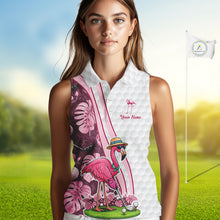 Load image into Gallery viewer, Funny Flamingo Womens Golf Sleeveless Polo Shirt Custom Pink And Purple Monstera Pattern White Golf Shirts NYN2841