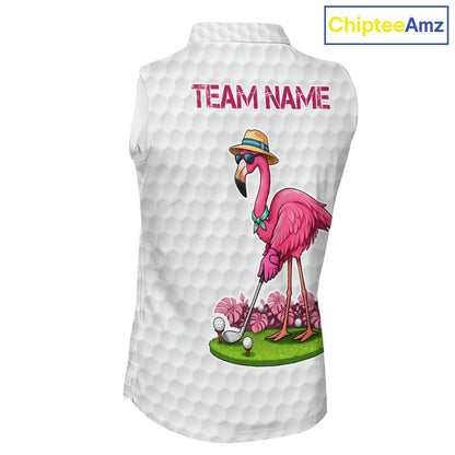 Funny Flamingo Womens Golf Sleeveless Polo Shirt Custom Pink And Purple Monstera Pattern White Golf Shirts NYN2841
