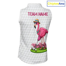 Load image into Gallery viewer, Funny Flamingo Womens Golf Sleeveless Polo Shirt Custom Pink And Purple Monstera Pattern White Golf Shirts NYN2841