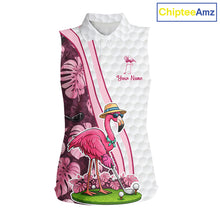 Load image into Gallery viewer, Funny Flamingo Womens Golf Sleeveless Polo Shirt Custom Pink And Purple Monstera Pattern White Golf Shirts NYN2841