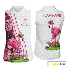 Load image into Gallery viewer, Funny Flamingo Womens Golf Sleeveless Polo Shirt Custom Pink And Purple Monstera Pattern White Golf Shirts NYN2841