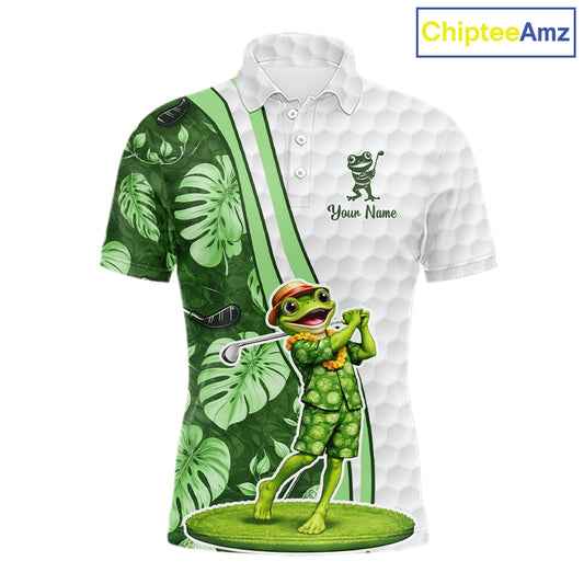 Funny Frog Golf Polo Shirt Custom Green Monstera Pattern White Golf Attire For Men NYN2842