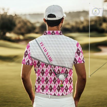 Mens Golf Polo Shirts Custom Pink Argyle And Flamingo Plaid Pattern Golf Attire For Men NYN2843