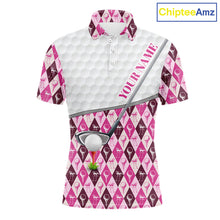 Load image into Gallery viewer, Mens Golf Polo Shirts Custom Pink Argyle And Flamingo Plaid Pattern Golf Attire For Men NYN2843