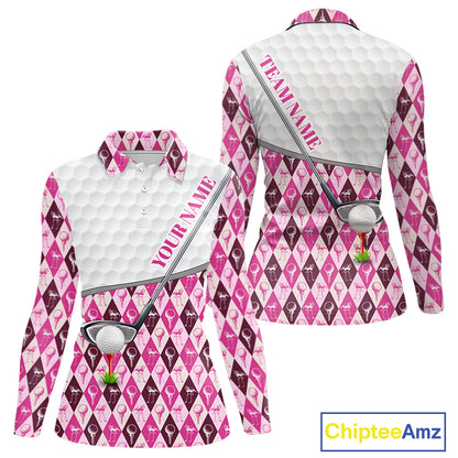 Mens Golf Polo Shirts Custom Pink Argyle And Flamingo Plaid Pattern Golf Attire For Women NYN2843