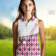 Load image into Gallery viewer, Mens Golf Sleeveless Polo Shirts Custom Pink Argyle And Flamingo Plaid Pattern Golf Attire For Women NYN2843