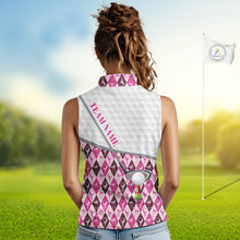 Load image into Gallery viewer, Mens Golf Sleeveless Polo Shirts Custom Pink Argyle And Flamingo Plaid Pattern Golf Attire For Women NYN2843