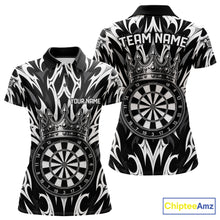 Load image into Gallery viewer, Black and White Tribal Crown Dartboard women's dart polo shirt personalized dart team uniform, dart league jersey, custom name dart shirt