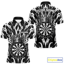 Load image into Gallery viewer, Black and White Tribal Crown Dartboard men's dart polo shirt personalized dart team uniform, dart league jersey, custom name dart shirt