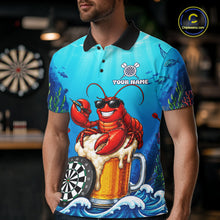Load image into Gallery viewer, Male dart player wearing Lobster Beer dart team jersey at dart league event and tournament competition