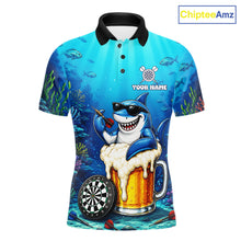 Load image into Gallery viewer, Funny Ocean Shark Beer men's dart polo shirt custom dart league uniform, competitive dart jersey, men's dart apparel