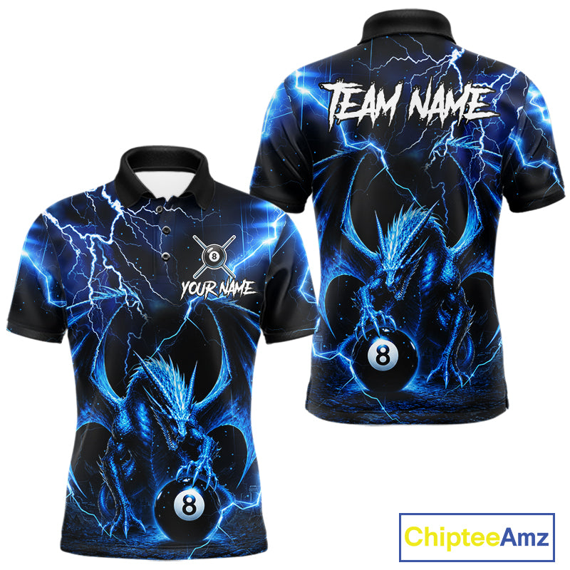 Blue Dragon 8 Ball Billiard Polo featuring lightning dragon artwork, personalized team name, custom 8 Ball & 9 Ball pool jersey, quick-dry athletic polo, professional billiards apparel, league-ready performance clothing, fantasy sportswear, dragon lover gift.