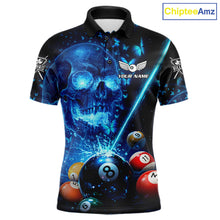 Load image into Gallery viewer, Blue Skull Thunder Pool 8 Ball Men's Billiard Polo &amp; 1/4-Zip Shirt Custom Billiards Team Apparel NYN2491