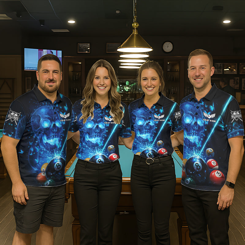 Blue Skull Thunder Pool 8 Ball Women's Billiard Polo & 1/4-Zip Shirt Custom Billiards Team Apparel NYN2491