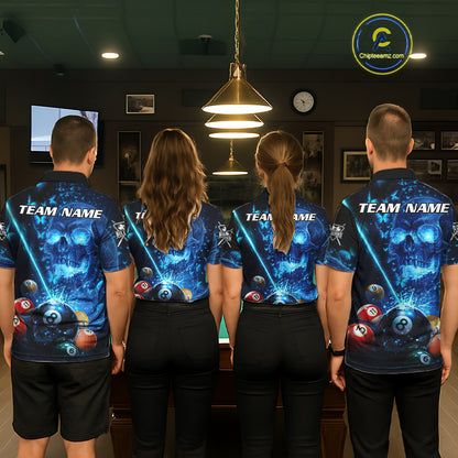 Blue Skull Thunder Pool 8 Ball Women's Billiard Polo & 1/4-Zip Shirt Custom Billiards Team Apparel NYN2491