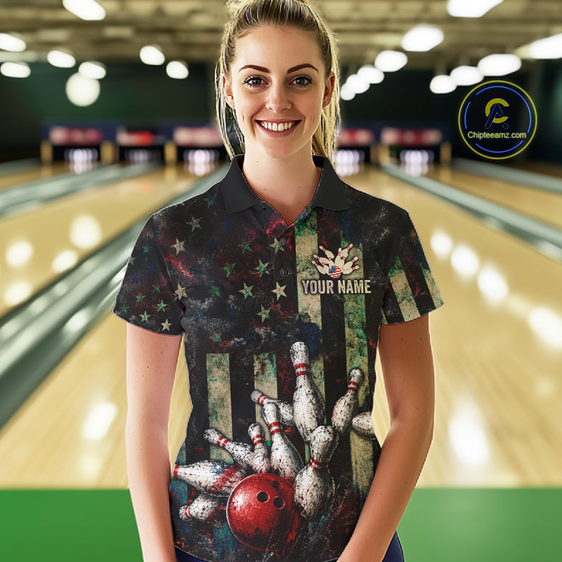 Personalized American Flag Grunge Bowling Shirt For Women Custom Splatter Outfit Bowling Jersey NYN3231