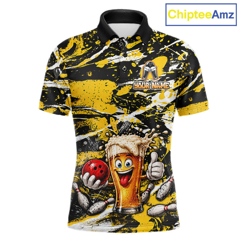 Yellow, White And Black Splatter Funny Beer Bowling Shirt For Men Custom Outfit Bowling Jersey NYN3235