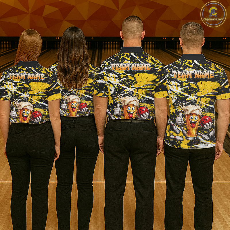 Yellow, White And Black Splatter Funny Beer Bowling Shirt For Women Custom Outfit Bowling Jersey NYN3235