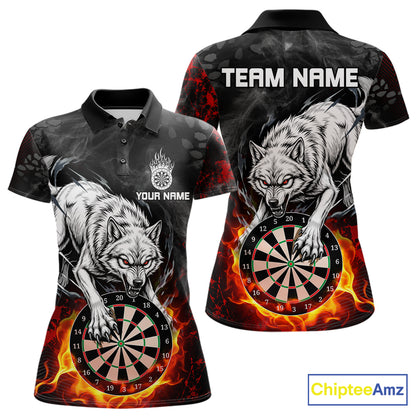 Fire Flame Funny Wolf Darts Polo & 1/4 Zip For Women Personalized Grunge Dart Team Shirts | Red NYN3236