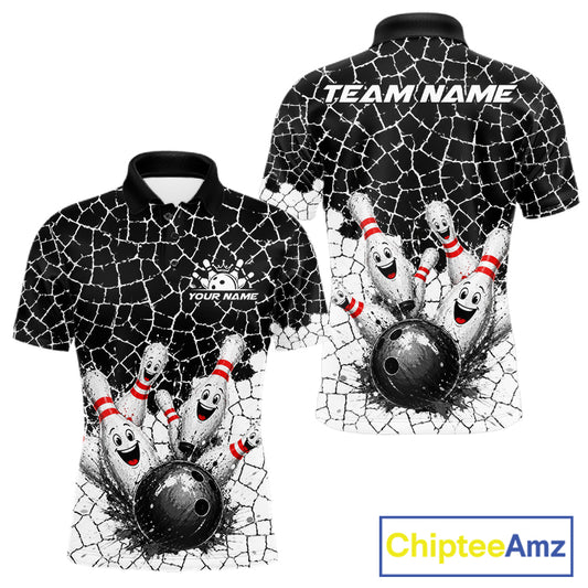 White And Black Cracked Funny Pins & Ball Bowling Shirt For Men Custom Outfit Team Bowling Jersey NYN3238
