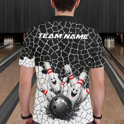 White And Black Cracked Funny Pins & Ball Bowling Shirt For Men Custom Outfit Team Bowling Jersey NYN3238