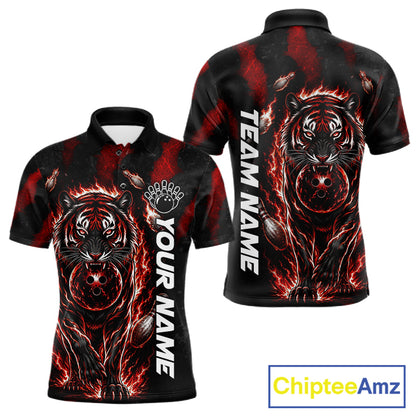 Fire Flame Tiger Red Claws men's bowling polo shirt custom bowling team jersey, personalized bowling uniform