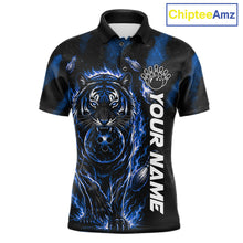 Load image into Gallery viewer, Fire Flame Tiger Blue Claws men's bowling polo shirt custom bowling team jersey, personalized bowling apparel