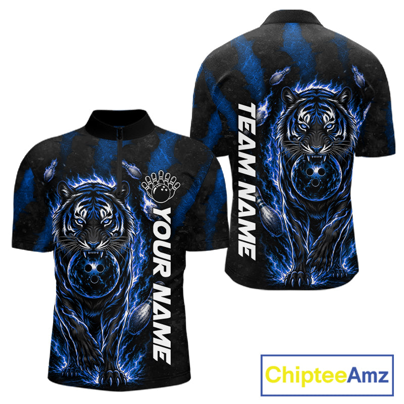 Fire Flame Tiger Blue Claws men's bowling polo shirt custom bowling team jersey, personalized bowling apparel