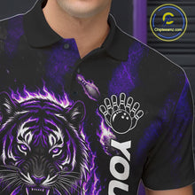 Load image into Gallery viewer, Male bowler wearing Fire Flame Tiger Purple Claws bowling shirt during tournament bowling competition