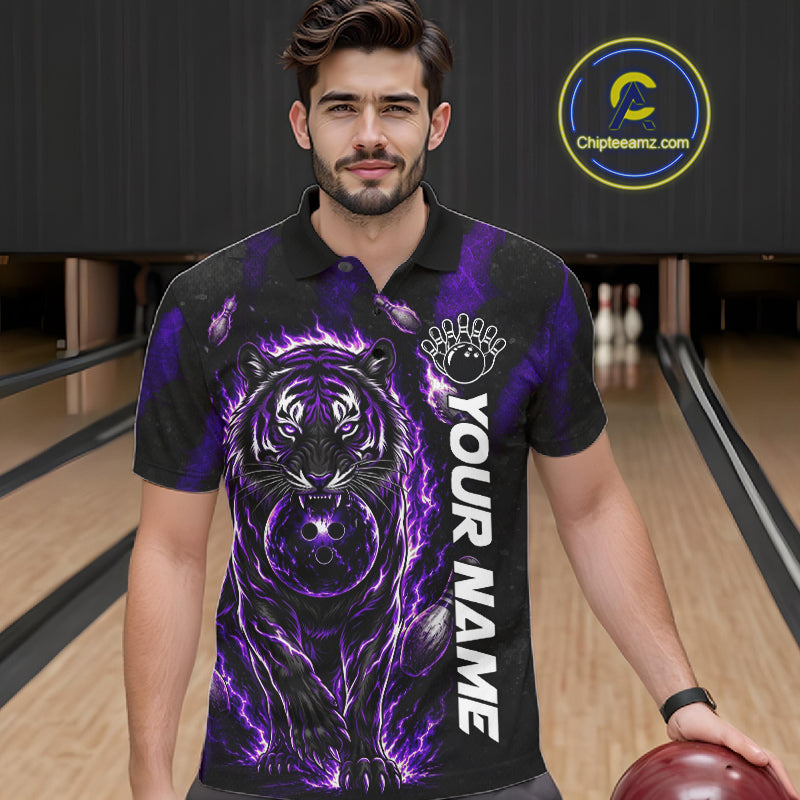 Male bowler wearing Fire Flame Tiger Purple Claws bowling shirt during tournament bowling competition