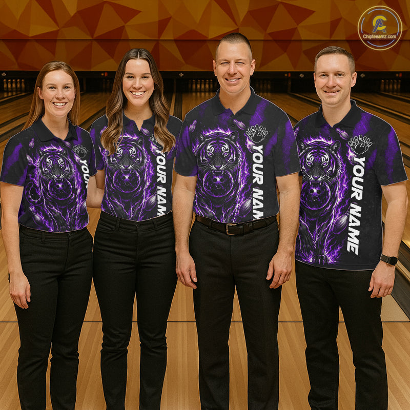 Men women bowling team wearing Fire Flame Tiger Purple Claws custom bowling uniforms for league and championship events