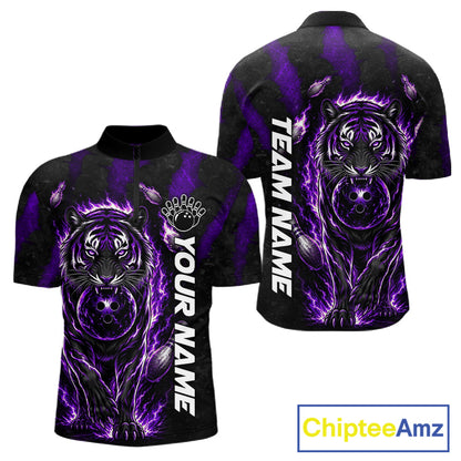 Fire Flame Tiger Purple Claws men's quarter zip bowling shirt custom bowling league apparel