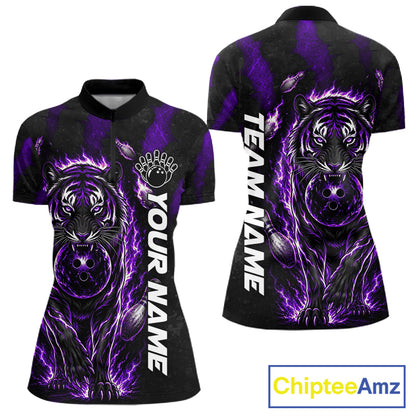 Fire Flame Tiger Purple Claws women's quarter zip bowling shirt custom bowling league apparel