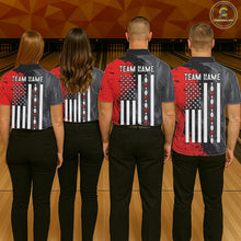 Load image into Gallery viewer, Men women bowling team wearing Black Grey Red Grunge patriotic bowling uniforms and custom team jerseys