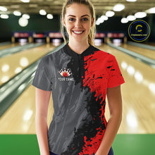 Load image into Gallery viewer, Female bowler wearing Black Grey Red Grunge US Flag bowling jersey during patriotic bowling tournament