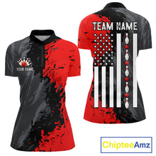 Load image into Gallery viewer, Black Grey Red Grunge US Flag women's quarter zip bowling shirt patriotic bowling league apparel