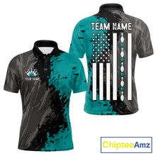 Load image into Gallery viewer, Black Grey Teal Grunge US Flag men's bowling polo shirt patriotic bowling team uniform, custom bowling jersey
