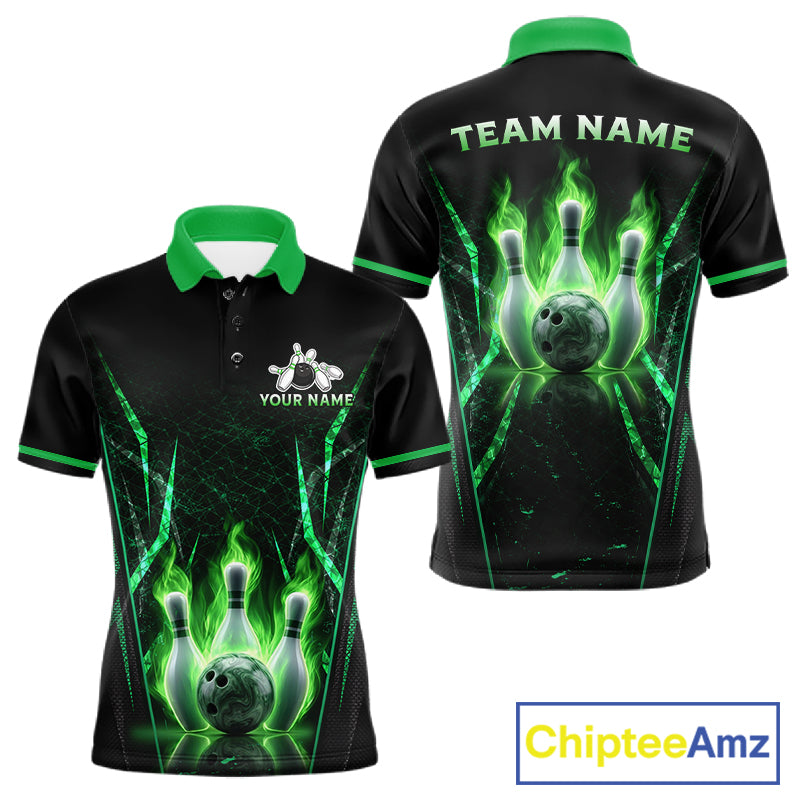 Custom Green Flaming Mens Bowling Jerseys Personalized Bowling Team Shirts For Bowlers NYN3075