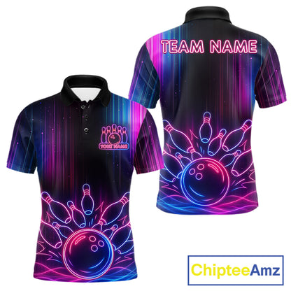 Pink And Blue Neon Lightning Bowling Polo & 1/4-Zip Shirt For Men Custom Team Bowling Jersey NYN3240