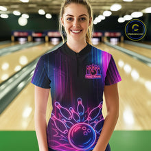 Load image into Gallery viewer, Pink And Blue Neon Lightning Bowling Polo &amp; 1/4-Zip Shirt For Women Custom Team Bowling Jersey NYN3240