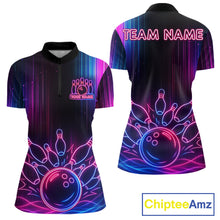 Load image into Gallery viewer, Pink And Blue Neon Lightning Bowling Polo &amp; 1/4-Zip Shirt For Women Custom Team Bowling Jersey NYN3240