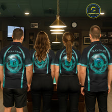 Load image into Gallery viewer, Men women billiard team wearing Black Teal Thunder Lightning custom pool team uniforms and tournament jerseys