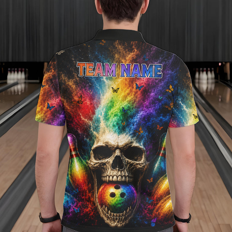 Male bowler wearing Skull Butterfly bowling shirt featuring tattoo art style, confidence, fearless attitude, custom tournament apparel, alternative fashion, athletic sportswear.