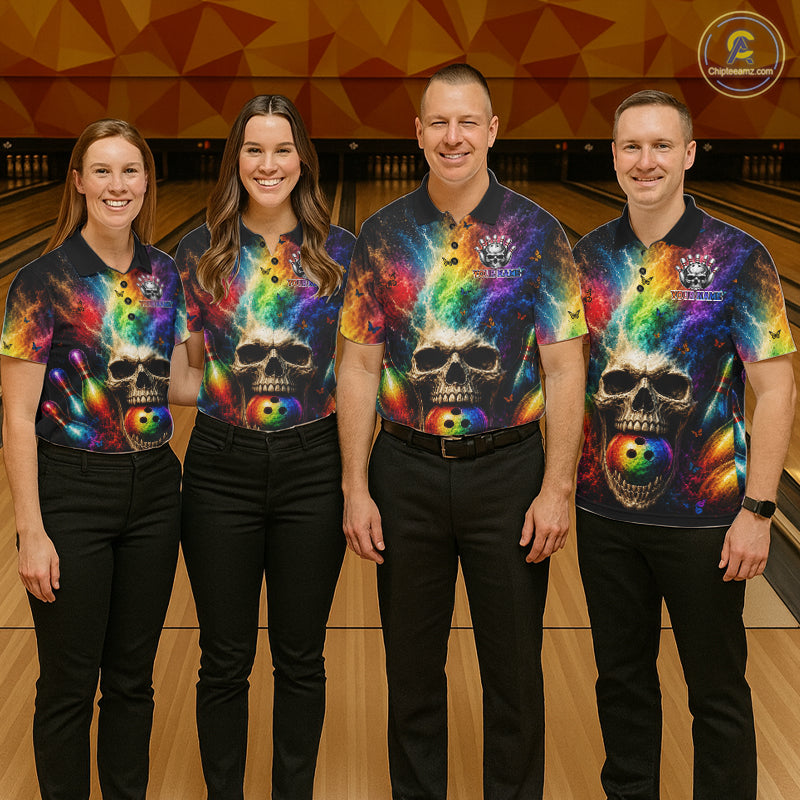 Professional bowling team wearing matching Skull Butterfly jerseys, personalized names, gothic-inspired uniforms, Halloween bowling events, tattoo culture, artistic expression, teamwork, resilience, championship apparel.