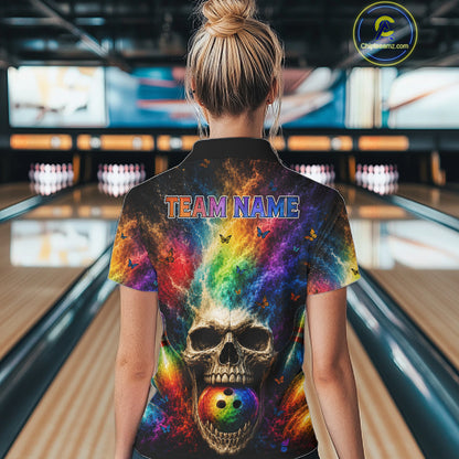 Female bowler modeling Skull Butterfly bowling jersey symbolizing transformation, resilience, rebirth, artistic expression, gothic fashion, Halloween spirit, personalized bowling apparel.