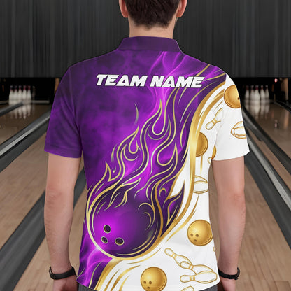 Male bowler wearing Gold & Purple Flames bowling shirt symbolizing power, leadership, determination, championship performance, custom bowling team sportswear.