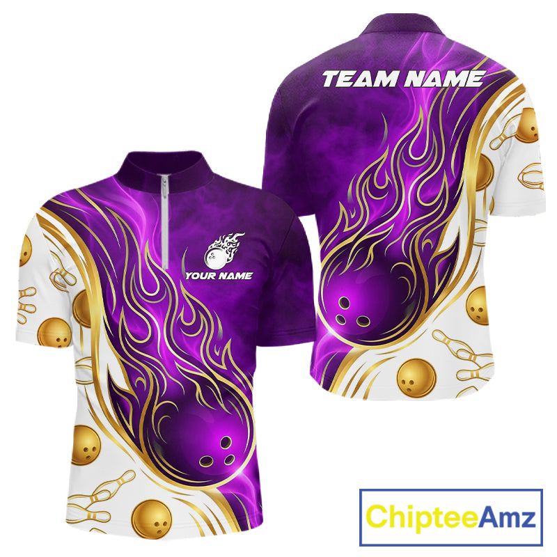 Gold & Purple Flames Quarter-Zip Bowling Jersey featuring custom bowling team name, moisture-wicking athletic fabric, premium championship sportswear, professional bowling clothing.